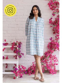 Tara-C-Tara - White Floral Hand Block Printed A-Line Dress