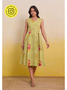 Tara-C-Tara - Yellow Gingham Floral A Line Midi Dress