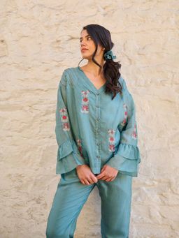 AYAKA - Pearl Teal Pin Tuck Shirt