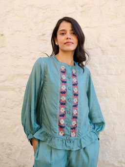 AYAKA - Joy Embroidered Teal Top