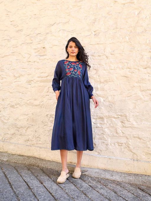 Buy AYAKA Linda Navy Blue Panel Midi Dress with Inner (Set of 2) Online Buy AYAKA Linda Navy Blue Panel Midi Dress with Inner (Set of 2) Online