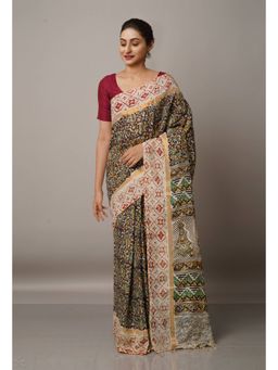 Unnati Silks - Multi Pure Kalamkari Block Printed Silk Saree with Unstitched Blouse
