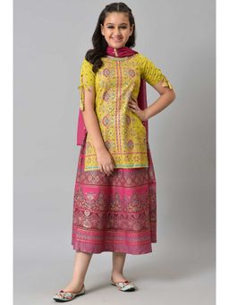 Aurelia - Girls Liva Green Printed Kurta With Pink Skirt And Dupatta (Set of 3)