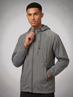 CHKOKKO - Men's Grey Lightweight Hooded Windcheater Jacket With Zipper Pockets