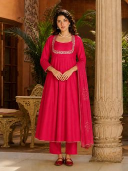 Gahan - Womens Pink Rayon Blend Solid Anarkali Kurta and Pant with Dupatta