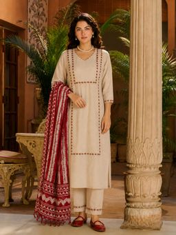Gahan - Womens Beige Rayon Blend Embroidered Straight Kurta and Pant with Dupatta