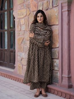 Gahan - Womens Black Rayon Blend Printed Anarkali Kurta and Pant with Dupatta