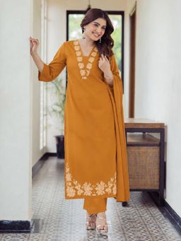 Gahan - Womens Mustard Rayon Blend Printed Straight Kurta and Pant with Dupatta