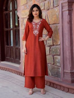 Gahan - Gorski Womens Rust Rayon Blend Solid Straight Kurta with Pant