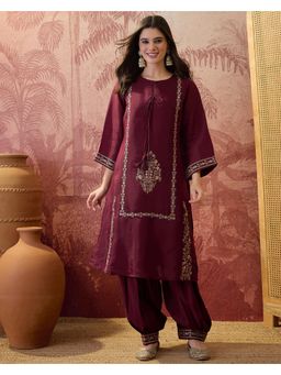 Gahan - Maroon Silk Blend Thread Sequence Embroidered Kurta with Afghan Salwar