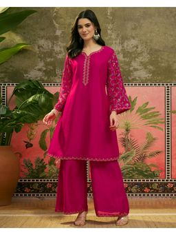 Gahan - Magenta Silk Blend Zari Sequence Thread Embroidered Kurta with Palazzo