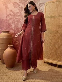 Gahan - Maroon Mal Chiffon Cotton Blend Mukaish Work Kurta and Pant