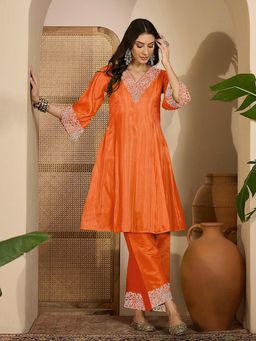 Gahan - Cosmos Orange Silk Blend Embroidered V-Neck A-Line Kurta with Pant