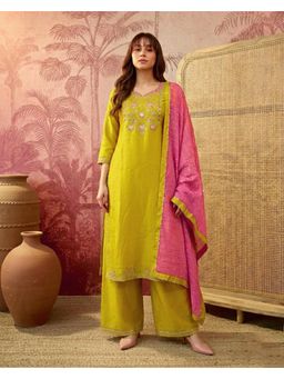 Gahan - Yellow Silk Blend Zari Sequins Thread Embroidered Kurta with Palazzo and Dupatta