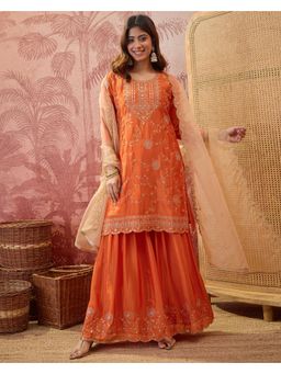 Gahan - Orange Silk Blend Zari Sequence Embroidered Kurta with Pant and Dupatta