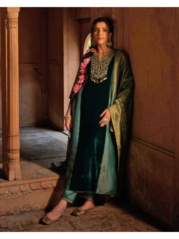 Gahan - Green Silk Blend Zari Sequence Embroidered Anarkali Kurta with Pant and Dupatta