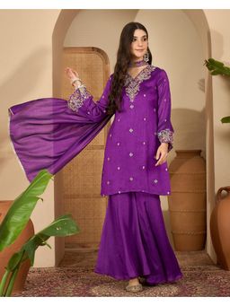 Gahan - New Purple Silk Blend Zari Sequence Embroidered Kurta with Sharara and Dupatta