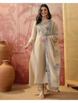 Gahan - Beige Silk Blend Zari Sequence Embroidered Anarkali Kurta with Pant and Dupatta