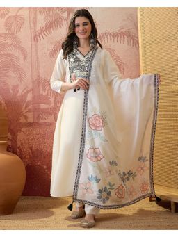 Gahan - White Silk Blend Thread Sequence Embroidered Anarkali Kurta with Pant and Dupatta