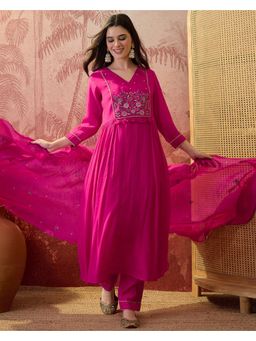 Gahan - Magenta Silk Blend Zari Sequence Anarkali Kurta with Pant and Dupatta