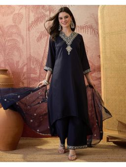 Gahan - Navy Blue Silk Blend Zari Sequence Thread Embroidered Kurta with Palazzo and Dupatta