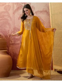 Gahan - Mustard Silk Blend Zari Sequence Embroidered Anarkali Kurta with Pant and Dupatta