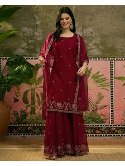 Gahan - Maroon Georgette Zari Thread Embroidered Kurta Sharara with Dupatta