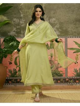 Gahan - Lime Green Silk Blend Zari Sequence Embroidered Anarkali Kurta with Pant and Dupatta