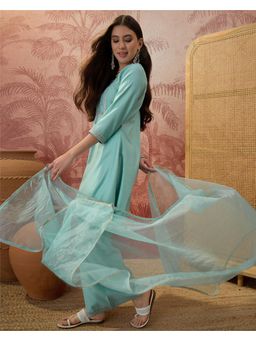 Gahan - Sky Blue Silk Blend Zari Mirror Sequence Embroidered Kurta Palazzo with Dupatta