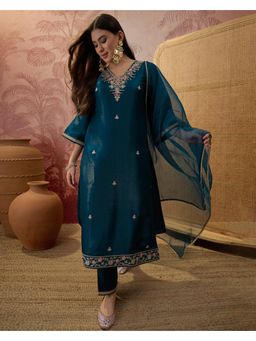 Gahan - Teal Blue Silk Blend Zari Sequence Thread Embroidered Kurta with Pant and Dupatta