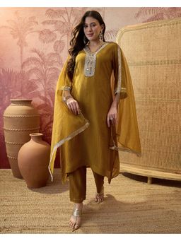 Gahan - Mustard Cotton Blend Coding with Mirror Work Bead Kurta with Pant and Dupatta