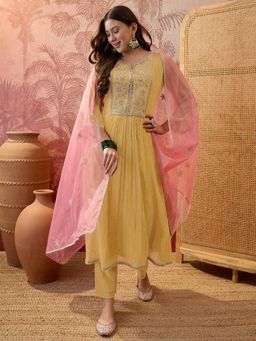 Gahan - Yellow Mal Chiffon Mirror Work Anarkali Kurta and Pant with Pink Dupatta