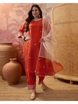 Gahan - Orange Thread Sequence Embroidered Cotton Blend Kurta and Pant with Dupatta