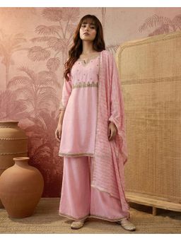 Gahan - Pink Cotton Blend Zari Embroidered and Mirror Work Kurta with Palazzo and Dupatta