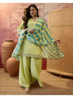 Gahan - Lime Green Silk Blend Zari Sequence Embroidered Kurta with Palazzo and Dupatta