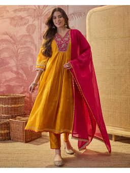 Gahan - Mustard Cotton Blend Zari Sequence Embroidered Anarkali Kurta with Pant and Dupatta