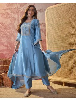 Gahan - Sky Blue Mal Chanderi Cotton Blend Embroidered Anarkali Kurta and Pant with Dupatta