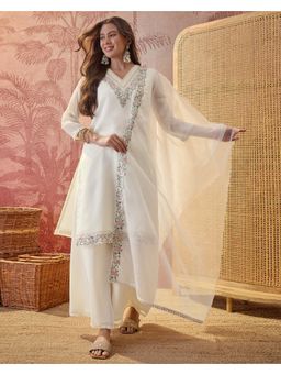Gahan - Off White Zari Sequence Embroidered Silk Blend Kurta and Palazzo with Dupatta
