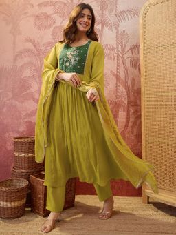 Gahan - Green Mal Chanderi Zari Sequence Embroidered Anarkali Kurta and Pant with Dupatta