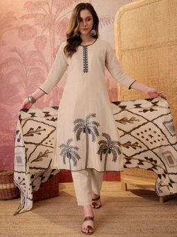 Gahan - Beige Pure Linen Silk Cotton Blend Straight Kurta and Pant with Dupatta