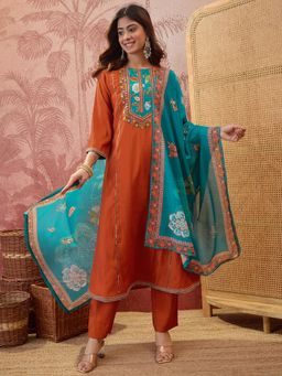 Gahan - Rust Legend Silk Blend Kurta and Pant with Dupatta