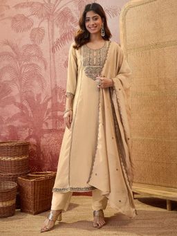 Gahan - Beige Pure Mal Chiffon A-Line Kurta and Pant with Dupatta