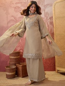 Gahan - Khaki Ruchi Chiffon Silk Blend Zari Embroidered Kurta and Palazzo with Dupatta