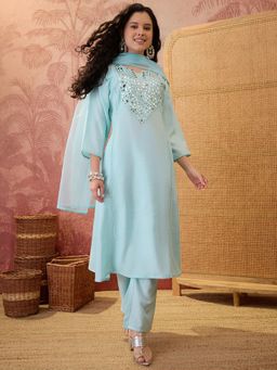 Gahan - Light Blue Silk Blend Mirror Work A-Line Kurta and Pant with Dupatta
