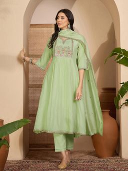 Gahan - Pista Green Mal Chanderi Embroidered Anarkali Kurta and Pant with Dupatta