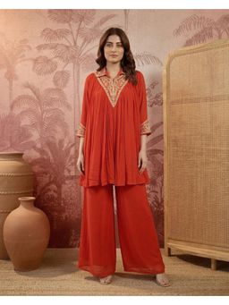 Gahan - Orange Georgette Zari Sequence Cording Cut Work Embroidered Kurta with Palazzo