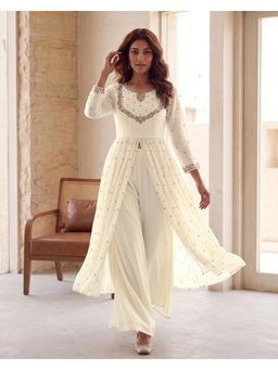 Gahan - Off White Georgette Thread Sequence Embroidery Front Pleated Kurta with Pant