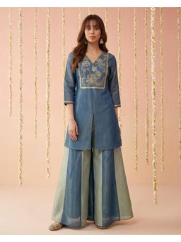 Gahan - Teal Blue Zari Sequence Embroidery with Lace Kurta with Palazzo