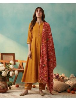 Gahan - Mustard Chiffon Zari Sequence Embroidered Anarkali Kurta with Pant and Dupatta