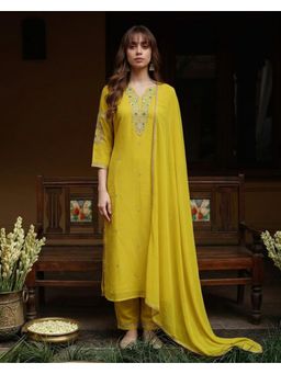 Gahan - Yellow Georgette Zari Sequence Cording Embroidery Yellow Kurta with Pant and Dupatta